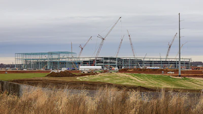 Construction continues on the first of two manufacturing plants as part of the BlueOval SK Battery Park in Glendale, Ky., Dec. 5, 2022.