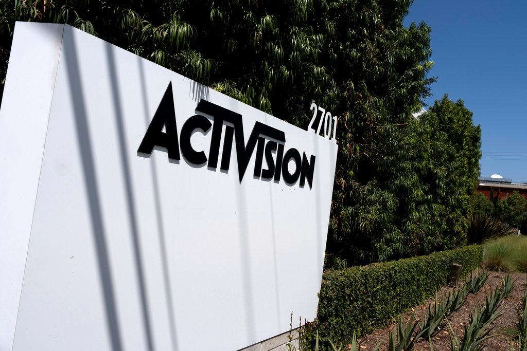 A sign is seen outside the Activision building in Santa Monica, Calif. on Wednesday, June 21, 2023. A federal judge has temporarily blocked Microsoft's planned $69 billion purchase of video game company Activision Blizzard.