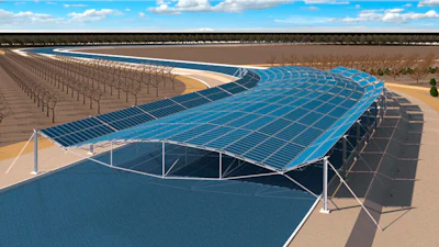 This artist’s rendering provided by Solar AquaGrid, shows a wide-span solar canal canopy being piloted in California’s Central Valley. Solar AquaGrid is preparing to break ground in the fall of 2023 on the first solar-covered-canal project in the United States. Solar panels are installed over canals in sunny, water-scarce regions where they make electricity and reduce evaporation.