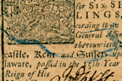 In this image provided by Proceedings of the National Academy of Sciences, blue threads can be seen in a six shillings Delaware note printed by J. Adams on January 1, 1776. Counterfeiters found it difficult to duplicate the note.