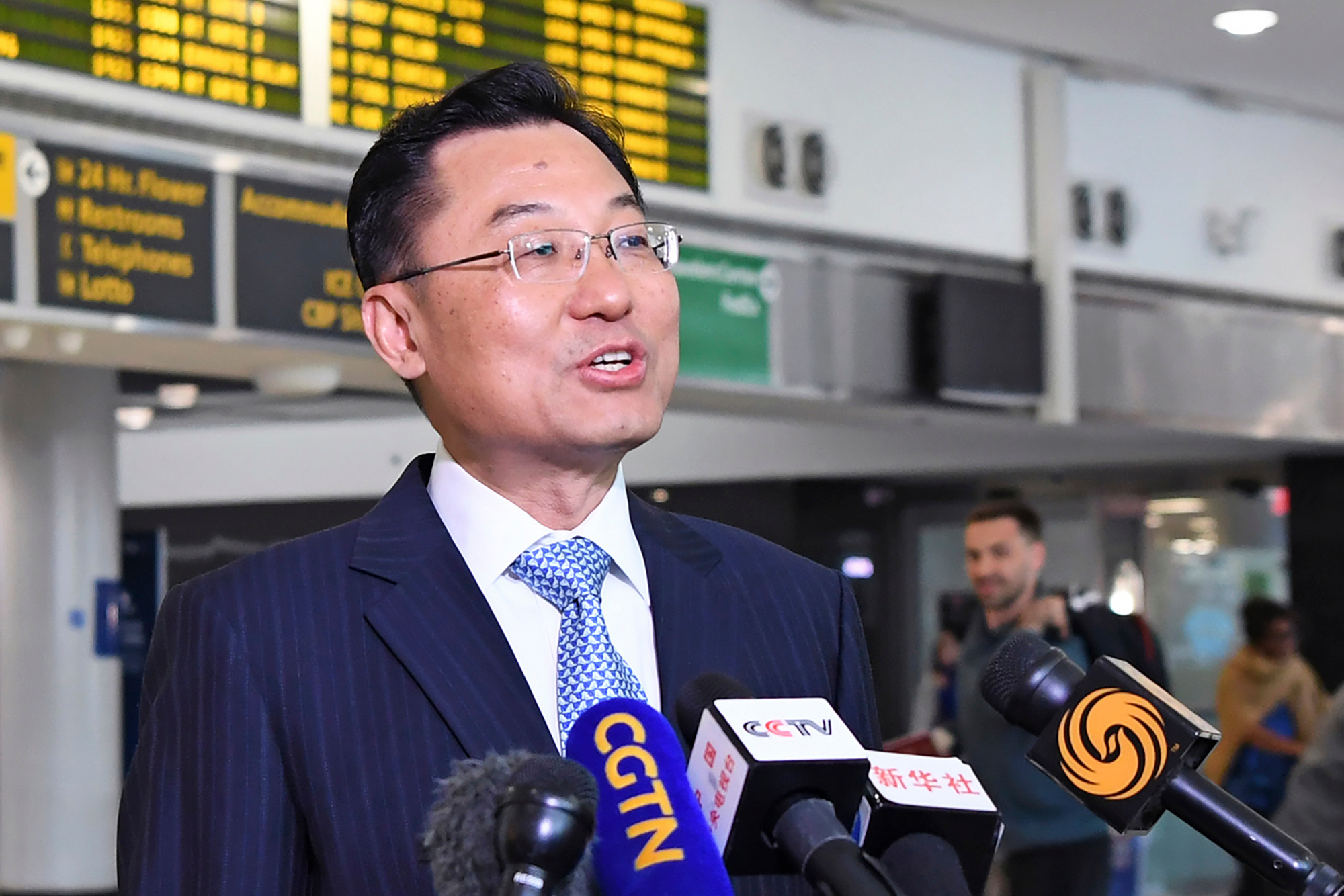 In this photo released by Xinhua News Agency, Xie Feng, China's new ambassador to the United States, speaks to the media upon his arrival at the John F. Kennedy International Airport in New York on May 23, 2023.