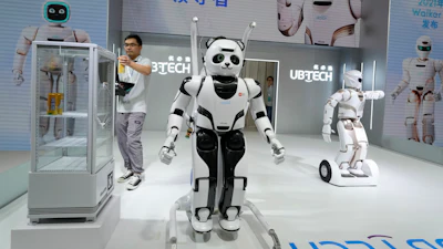 A panda shaped robot is prepared for a demonstration at the annual World Robot Conference at the Beijing Etrong International Exhibition and Convention Center in Beijing, Wednesday, Aug. 16, 2023.