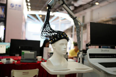 A device for scanning the human brain to help diagnose mental afflictions is displayed at the annual World Robot Conference at the Beijing Etrong International Exhibition and Convention Center in Beijing, Wednesday, Aug. 16, 2023.
