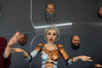 Human like robots and robotic faces that mimic human expressions are displayed at the annual World Robot Conference at the Beijing Etrong International Exhibition and Convention Center in Beijing, Wednesday, Aug. 16, 2023.