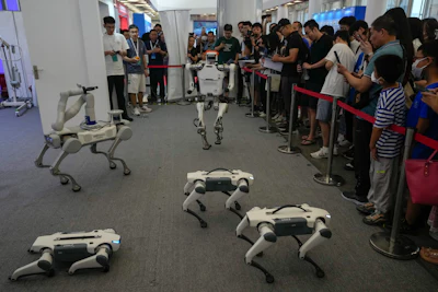 Visitors look at the remote control robots perform during the annual World Robot Conference at the Etrong International Exhibition and Convention Center on the outskirts of Beijing, Thursday, Aug. 17, 2023.