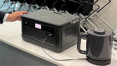Nissan's new portable power station is displayed at Nissan headquarters in Yokohama, south of Tokyo, Thursday, Aug. 31, 2023, reusing battery stacks from the Nissan Leaf electric car.