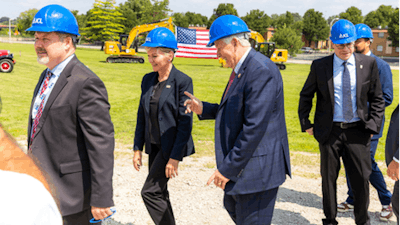 Missouri Governor Mike Parson (center) speaks with U.S. Secretary of Energy Jennifer M. Granholm following a groundbreaking ceremony Tuesday, Aug. 8, 2023 at the site of ICL’s future battery materials manufacturing facility in St. Louis.