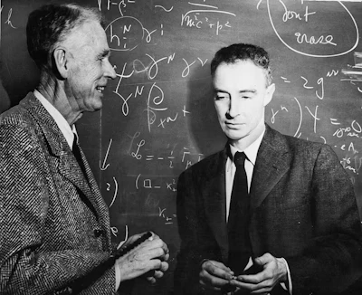 J. Robert Oppenheimer, on the right, in 1947, speaking to mathematician Oswald Veblen at the Princeton Institute for Advance Study.