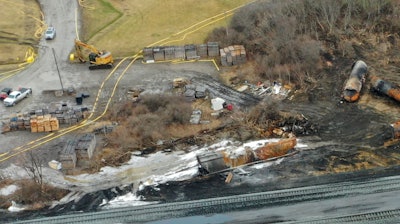 Cleanup of portions of a Norfolk Southern freight train that derailed Friday night in East Palestine, Ohio, continues on Feb. 9, 2023.