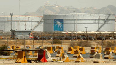 Storage tanks are seen at the North Jiddah bulk plant, an Aramco oil facility, in Jiddah, Saudi Arabia, on March 21, 2021.