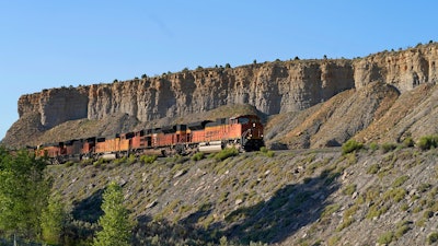 A train transports freight on a common carrier line near Price, Utah on Thursday, July 13, 2023.