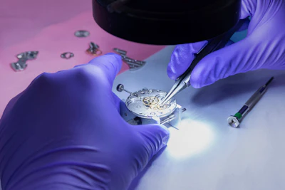 In this photo provided by Kansas City National Security Campus, an employee works on a mechanical wristwatch at the National Nuclear Security Administration's Kansas City facility in Kansas City, Mo., May 23, 2023. There are thousands of tiny metal and gearing parts in each nuclear warhead, so when the facility is training new employees, each must go through a two-day test taking apart the watch and then putting back together. It's pass/fail, either the wristwatch works or it doesn't.