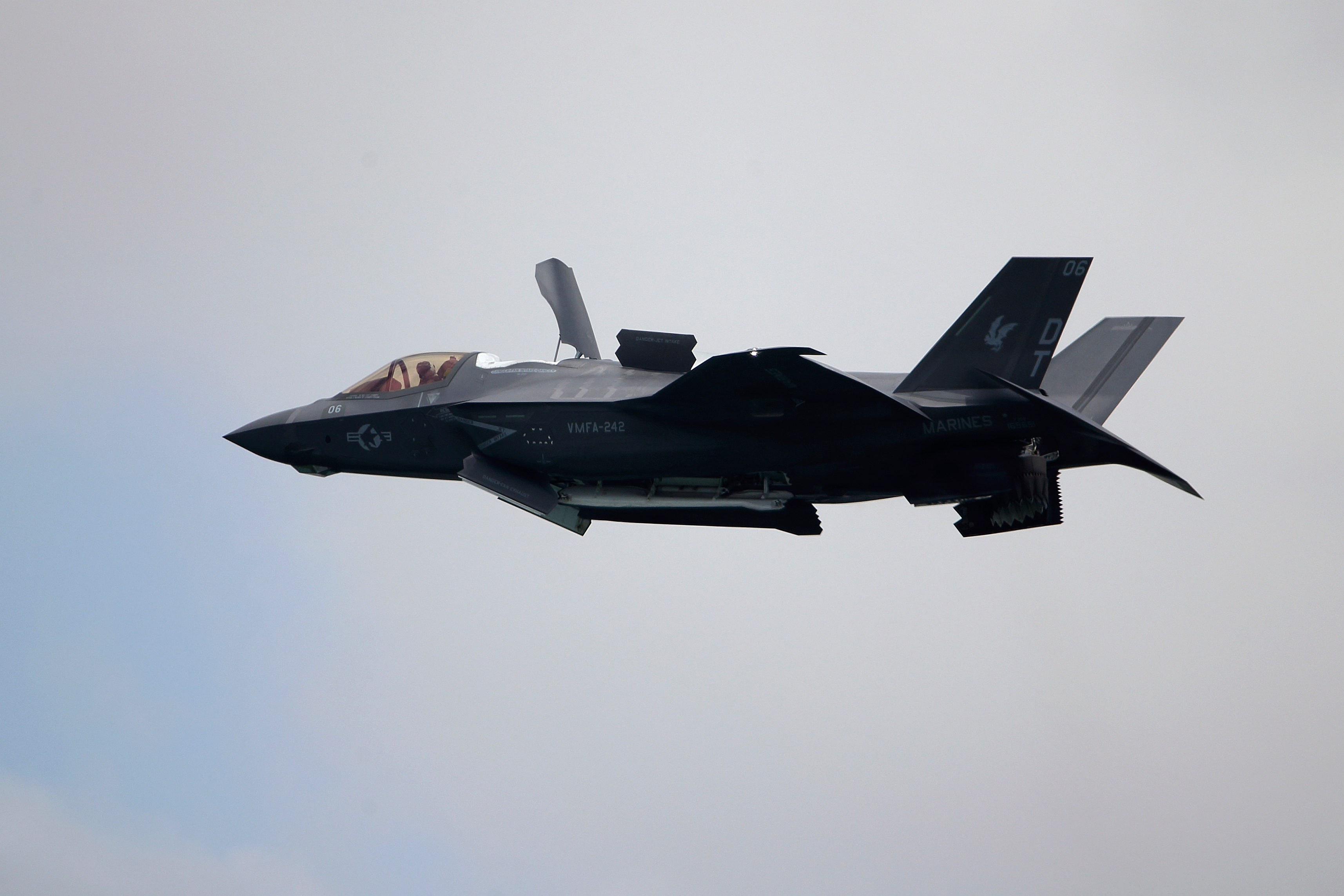 A United States Marine Corps F-35B Lightning II takes part in an aerial display during the Singapore Airshow 2022 at Changi Exhibition Centre in Singapore, Feb. 15, 2022.