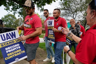 United Auto Workers march outside the Stellantis North American Headquarters, Wednesday, Sept. 20, 2023, in Auburn Hills, Mich.
