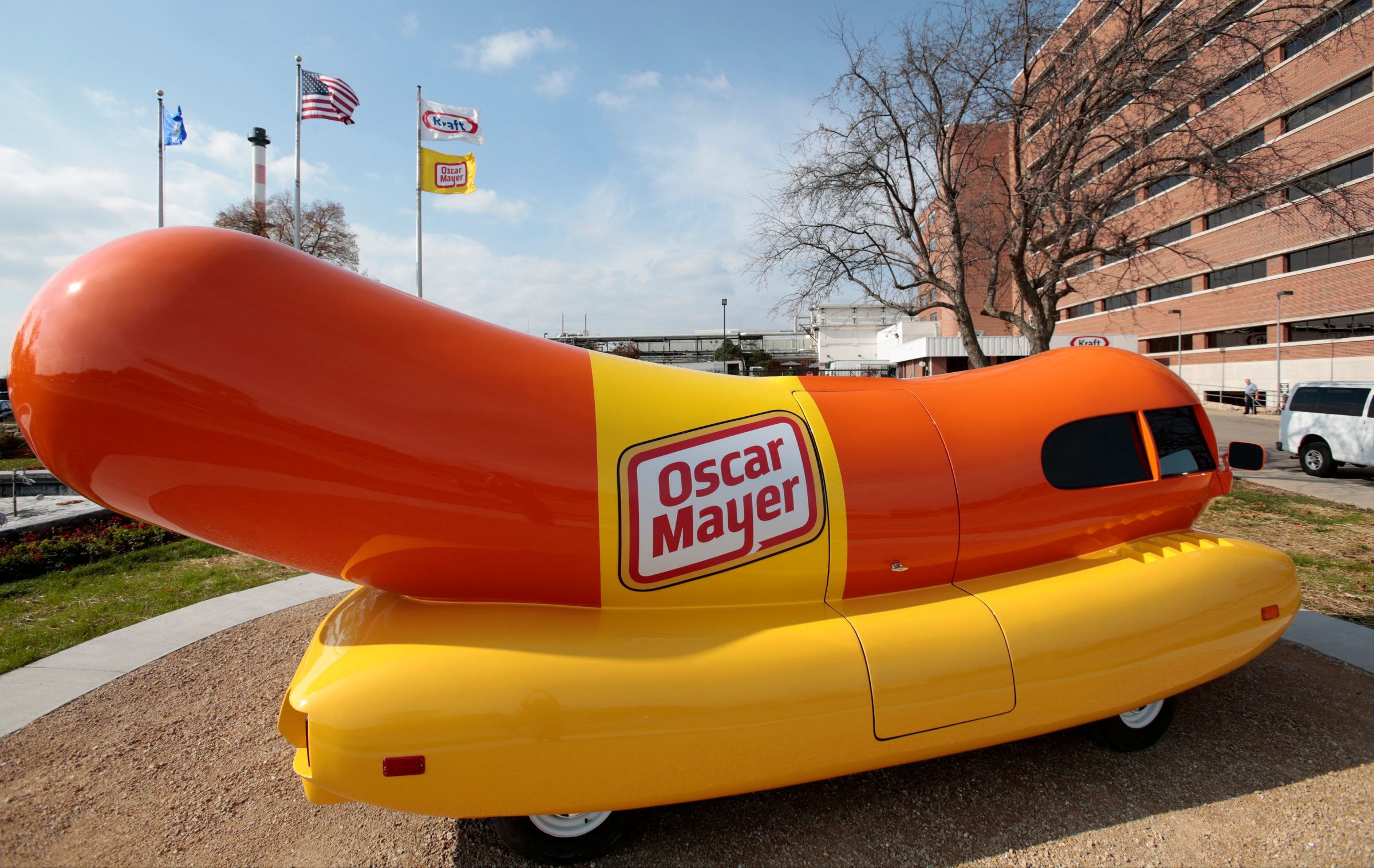 The Oscar Mayer Wienermobile sits outside the the Oscar Meyer headquarters, Oct. 27, 2014, in Madison, Wis.