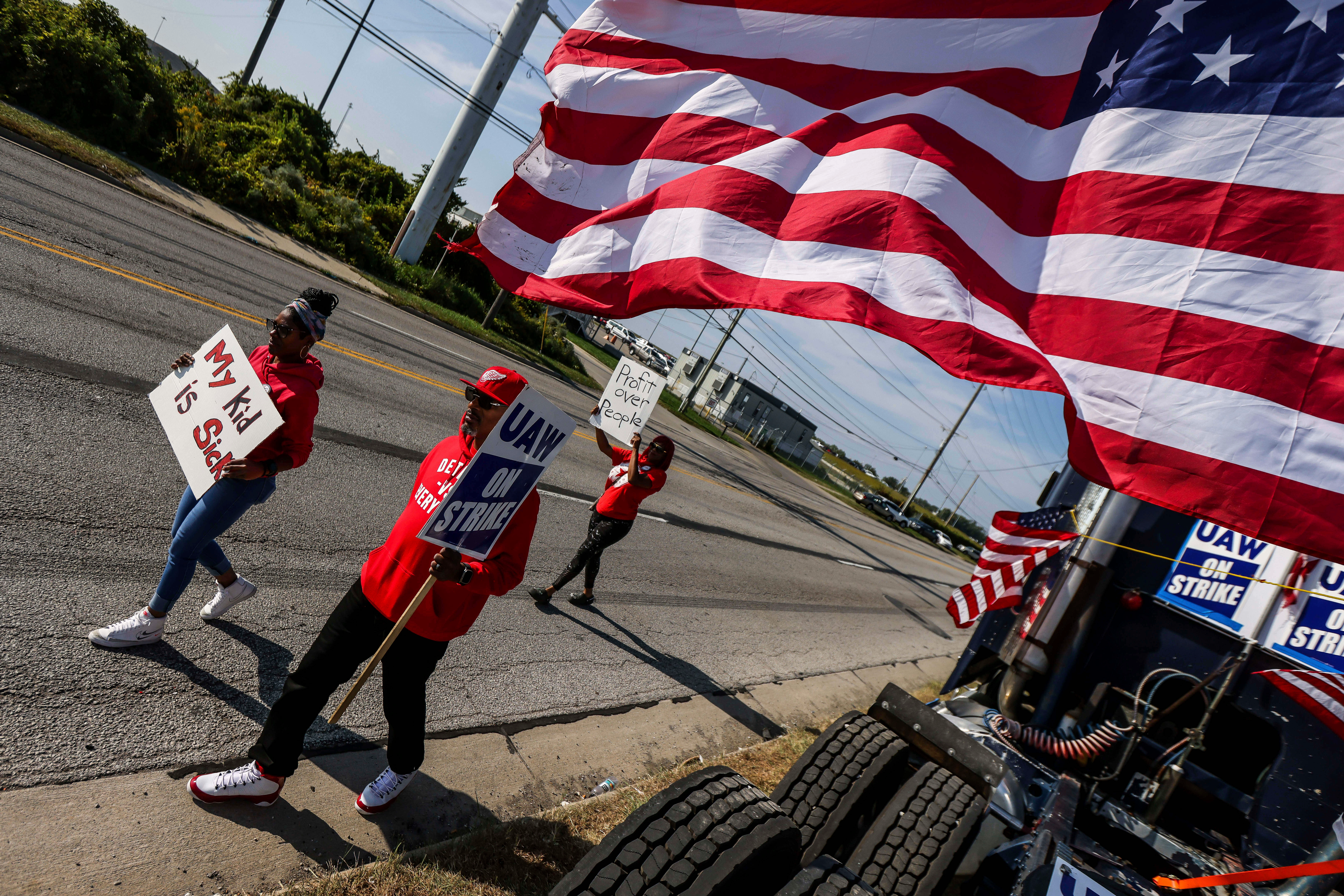 United Auto Workers from Detroit join Local 12 members in solidarity as strikes continue on Stickney Avenue outside Stellantis Toledo Assembly Complex on Saturday, Sept. 23, 2023, in Toledo, Ohio.