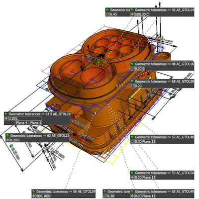 CAD model of inlet with PMI quality annotations listing tolerances. No data conversion is needed from Creo; detailed CAD PMI is automatically imported directly into VGMETROLOGY.
