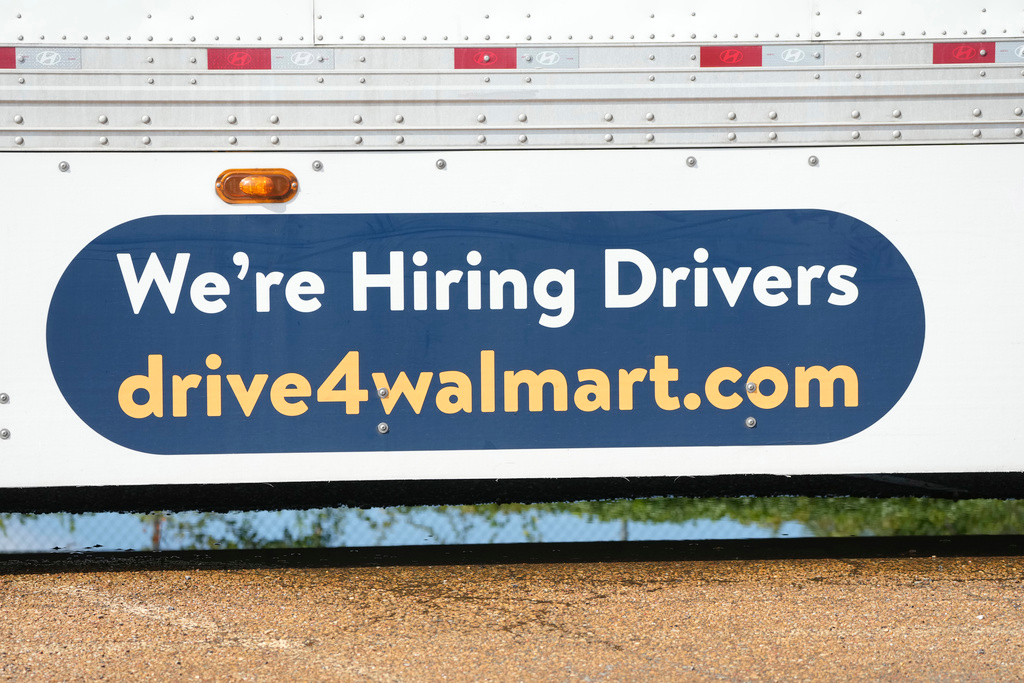 An ad for drivers is displayed on a Walmart truck in Richland, Miss., Wednesday, Sept. 6, 2023. On Thursday, the Labor Department reports on the number of people who applied for unemployment benefits last week.