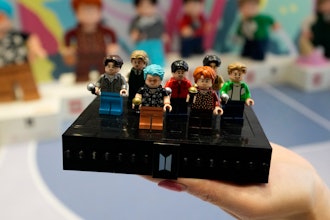 A LEGO set made of its blocks featuring K-pop band BTS, is shown during a publicity event at a store in Seoul, South Korea, on March 2, 2023.
