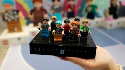 A LEGO set made of its blocks featuring K-pop band BTS, is shown during a publicity event at a store in Seoul, South Korea, on March 2, 2023.