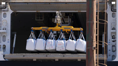 The Norwegian Aker BioMarine's Antarctic Provider unloads large sacks of krill, now labelled 'product of Norway' at a port in Montevideo, Uruguay, on Feb. 21, 2023.