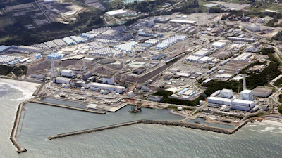 This aerial view shows the Fukushima Daiichi nuclear power plant in Fukushima, northern Japan, on Aug. 24, 2023, shortly after its operator Tokyo Electric Power Company Holdings TEPCO began releasing its first batch of treated radioactive water into the Pacific Ocean.