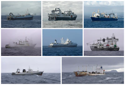 This combination of March 2023 photos shows ships involved in krill fishing in the Southern Ocean off Antarctica, top row from left, the Antarctic Endeavour, the Shen Lan and the Sejong; middle row from left, the Long Fa, the Antarctic Endurance and the Antarctic Sea; bottom row from left, the More Sodruzhestva and the Frio Las Palmas.