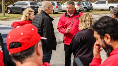 Region 2B director David Green speaks with United Auto Workers outside a gate at Stellantis Toledo Assembly Complex on Thursday, Oct. 12, 2023 in Toledo, Ohio.