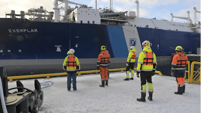 A view of the Vessel FSRU Exemplar, the floating liquefied natural gas LNG terminal chartered by Finland to replace Russian gas, at the port in Inkoo, Finland, Friday, Dec. 30, 2022.