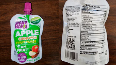 A WanaBana apple cinnamon fruit puree pouch on Oct. 28, 2023.