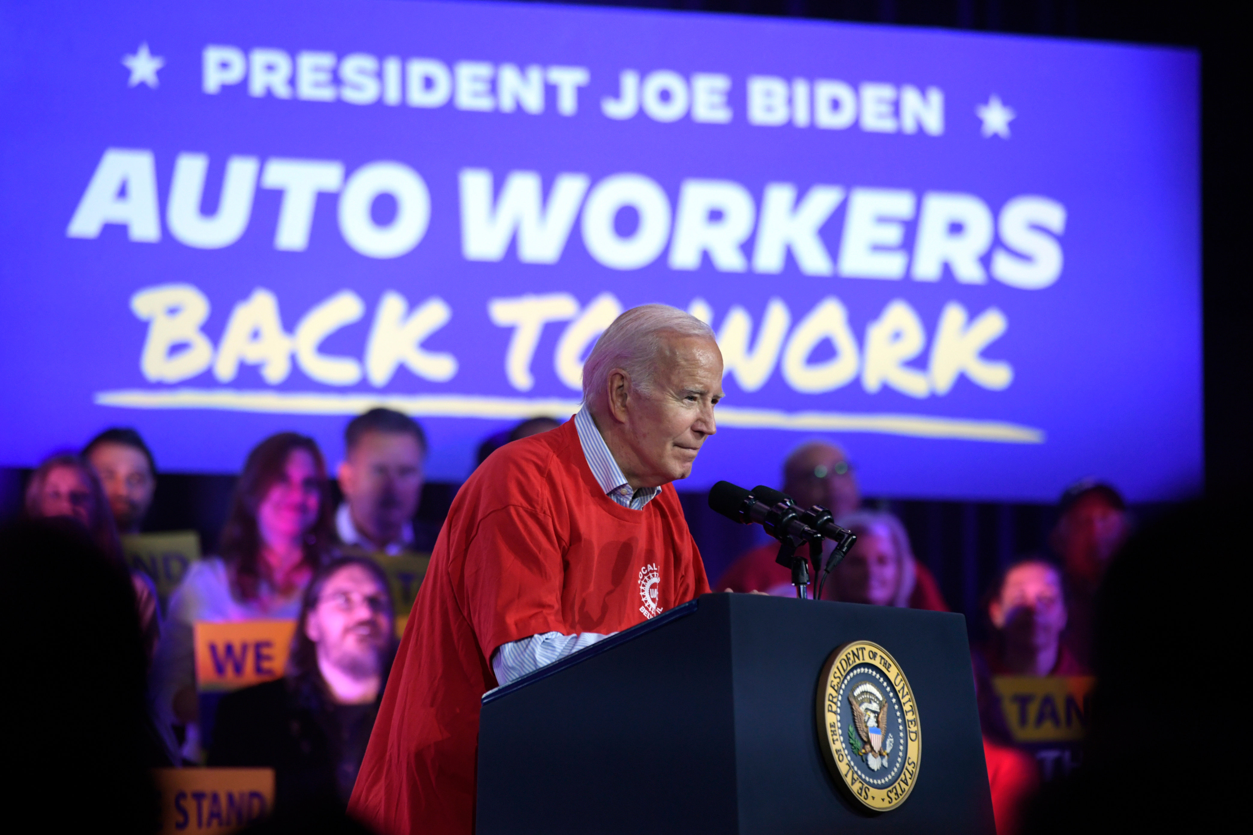 President Joe Biden speaks to United Auto Workers at the Community Building Complex of Boone County, Thursday, Nov. 9, 2023, in Belvidere, Ill.