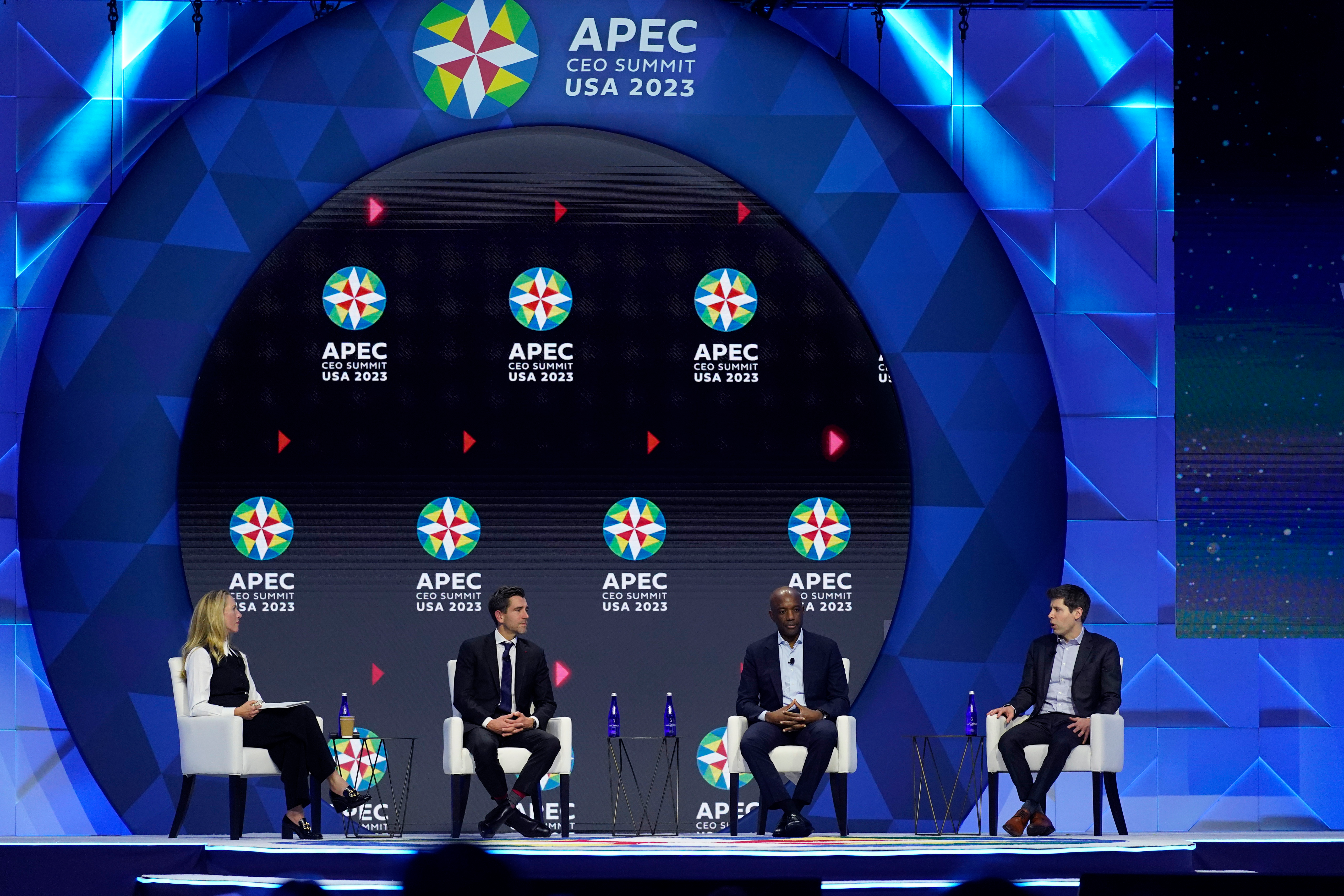 From left, Emerson Collective founder Laurene Powell-Jobs, Meta CPO Chris Cox, Google SVP James Manyika and OpenAI CEO Sam Altman at the Asia-Pacific Economic Cooperation CEO Summit, San Francisco, Nov. 16, 2023.
