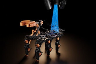 A new high-throughput, multimaterial 3D inkjet printer uses computer vision to rapidly and automatically control the amount of material being printed in real-time. This rendering shows a robot being built layer-by-layer using the process. The black spheres represent the material that the printer uses. The material is then cured by UV light, represented in blue. At the top of the image are the cameras that scan the procedure and adjust accordingly.