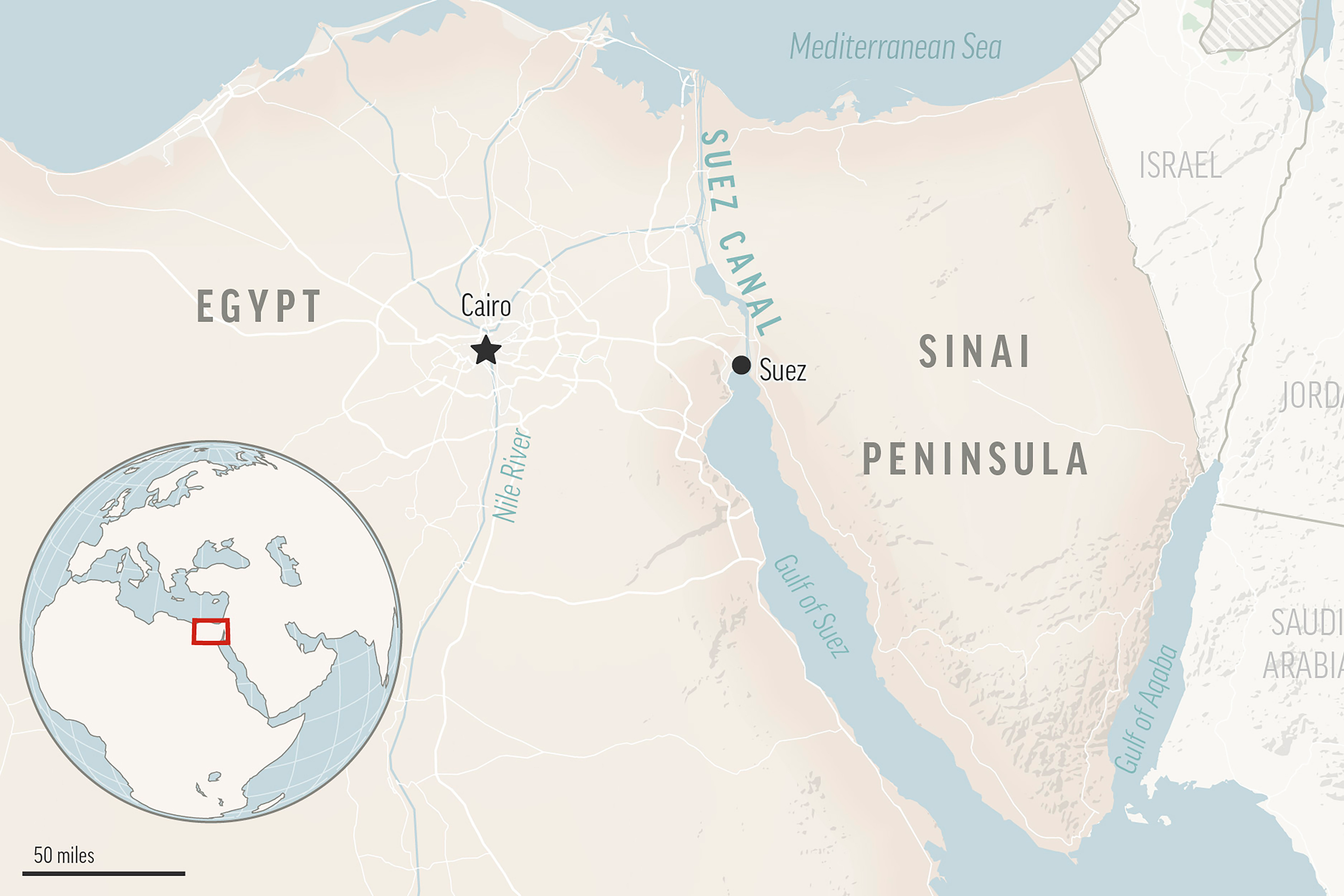 This is a locator map for the Suez Canal and the Sinai Peninsula in Egypt, with its capital, Cairo.