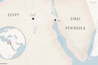 This is a locator map for the Suez Canal and the Sinai Peninsula in Egypt, with its capital, Cairo.