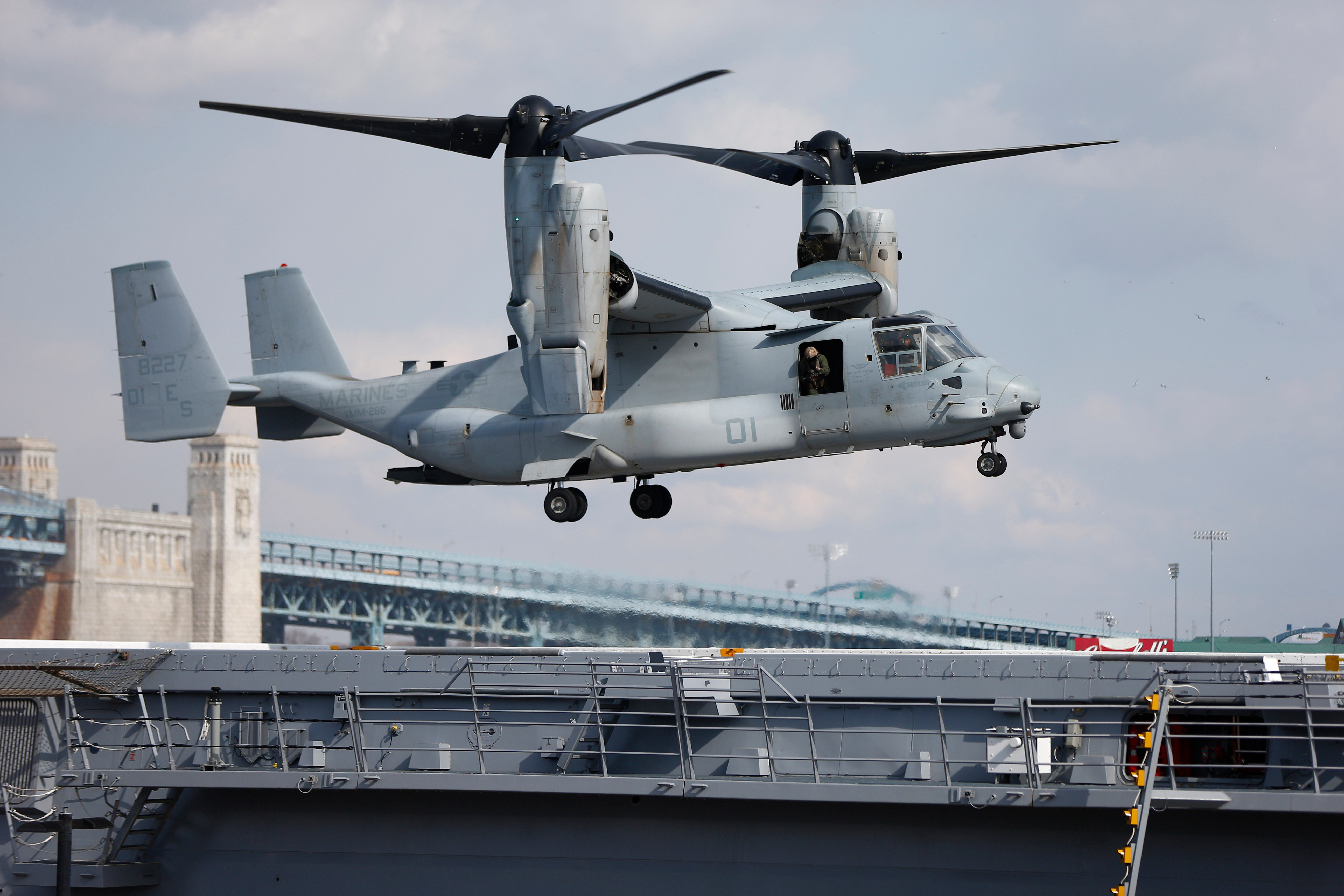 A Marines Osprey lands aboard the USS Somerset, Feb. 27, 2014, in Philadelphia.