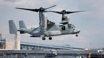A Marines Osprey lands aboard the USS Somerset, Feb. 27, 2014, in Philadelphia.