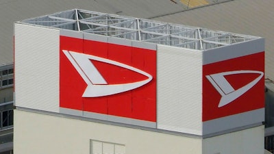 This aerial photo shows the logo of Daihatsu Motor at its headquarters in Ikeda, Osaka, Wednesday, Dec. 20, 2023. Toyota Motor Corp. said it's subsidiary Daihatsu will suspend shipments of all of its vehicles in and outside of Japan in a safety data fabrication scandal after an investigation found issues with 64 models that included Toyota and other brands.