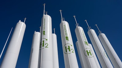 Hydrogen storage tanks are visible at the Iberdrola green hydrogen plant in Puertollano, central Spain, March 28, 2023.