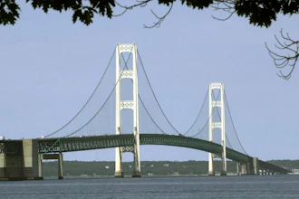 This July 19, 2002, file photo, shows the Mackinac Bridge that spans the Straits of Mackinac from Mackinaw City, Mich.