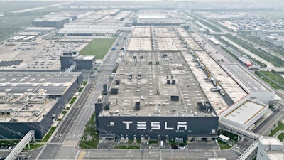 In this a photo released by Xinhua News Agency, the Tesla Gigafactory in Lingang new area of the China (Shanghai) Pilot Free Trade Zone is seen in east China's Shanghai on Sept. 26, 2023.