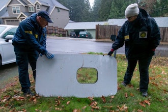 This photo released by the National Transportation Safety Board shows the door plug from Alaska Airlines Flight 1282 on Monday, Jan. 8, 2024, in Portland, Ore.