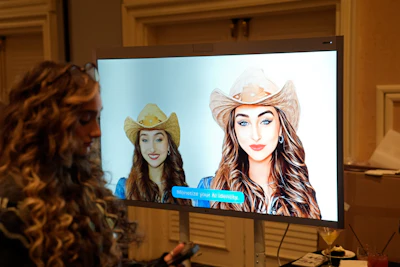 Los Angeles-based content creator McKenzi Brooke, left, stands next to a rendering of an AI twin at the Hollo AI booth at Pepcom ahead of the CES tech show Monday, Jan. 8, 2024, in Las Vegas. The company has created what is calls 'AI personalization technology' that can create your digital twin in mere minutes after uploading a selfie and voice memos in a phone app expected to launch later this month.