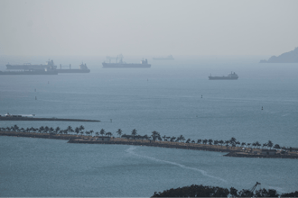 Cargo ships wait in Panama Bay for transit through the Panama Canal, Panama City, Jan. 17, 2024.