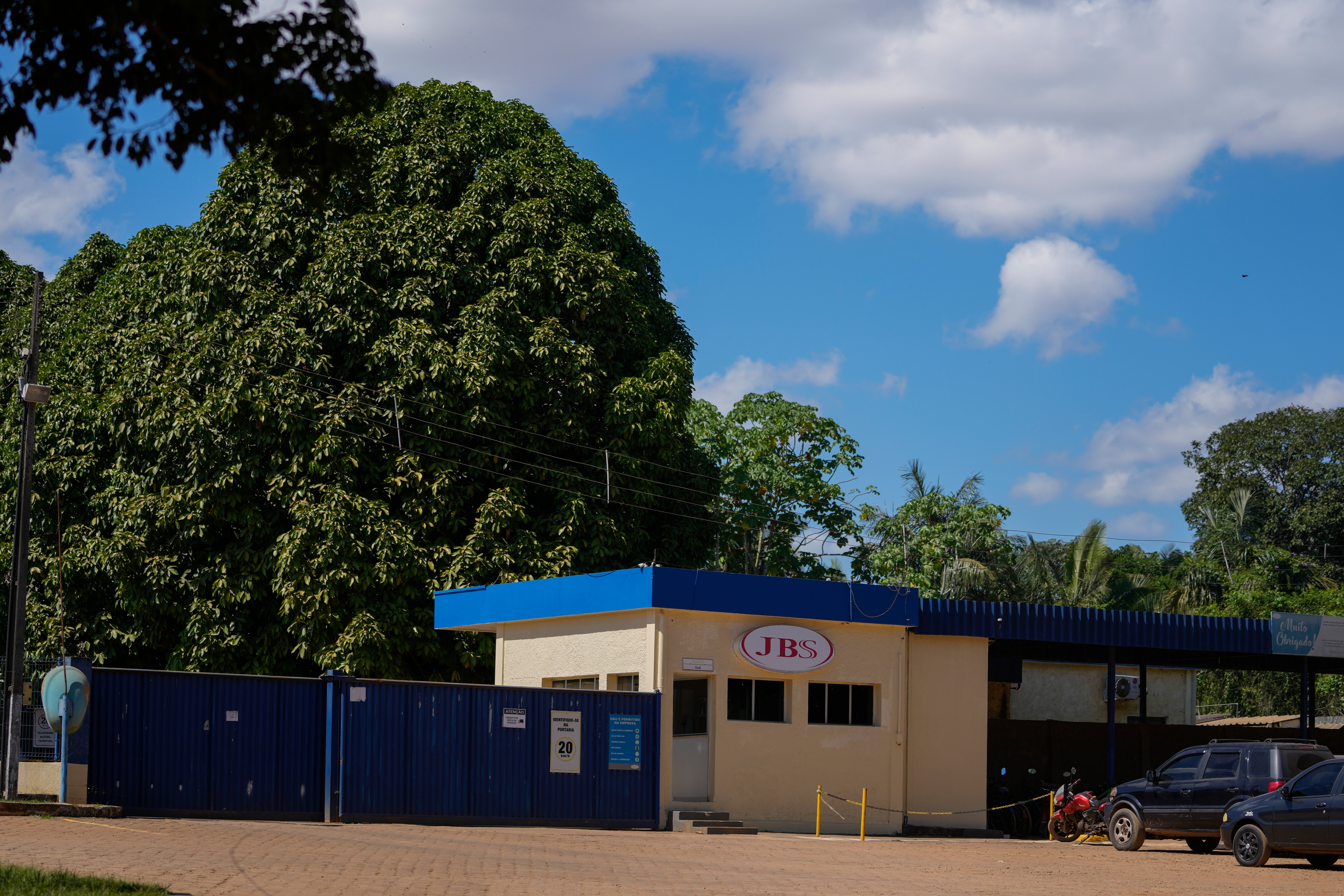 The main entrance of the meat processing company JBS is visible in Porto Velho, Rondonia state, Brazil, Wednesday, July 12, 2023.