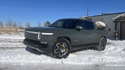This photo provided by Edmunds shows a Rivian R1T electric pickup near Boulder, Colorado.