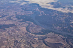 Aerial view of the Mississippi River in Arkansas and Mississippi.