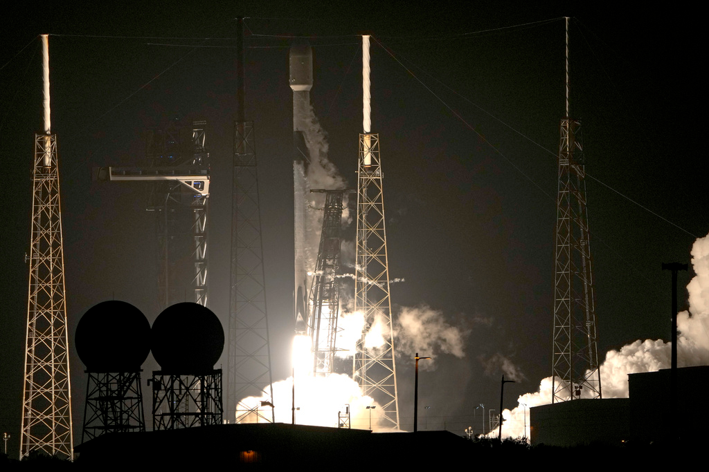 A SpaceX Falcon 9 rocket on NASA's Plankton, Aerosol Cloud Ocean Ecosystem (PACE) mission lifts off from Space Launch Complex 40 at the Cape Canaveral Air Force Station in Cape Canaveral, Fla., Thursday, Feb. 8, 2024.