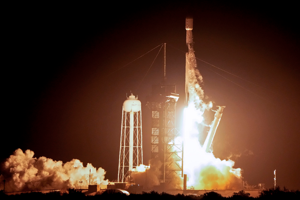 A SpaceX Falcon 9 rocket lifts off from pad 39A at Kennedy Space Center in Cape Canaveral, Fla., early Thursday, Feb. 15, 2024. If all goes well, a touchdown attempt on the moon by Intuitive Machines' lunar lander would occur Feb. 22, after a day in lunar orbit.