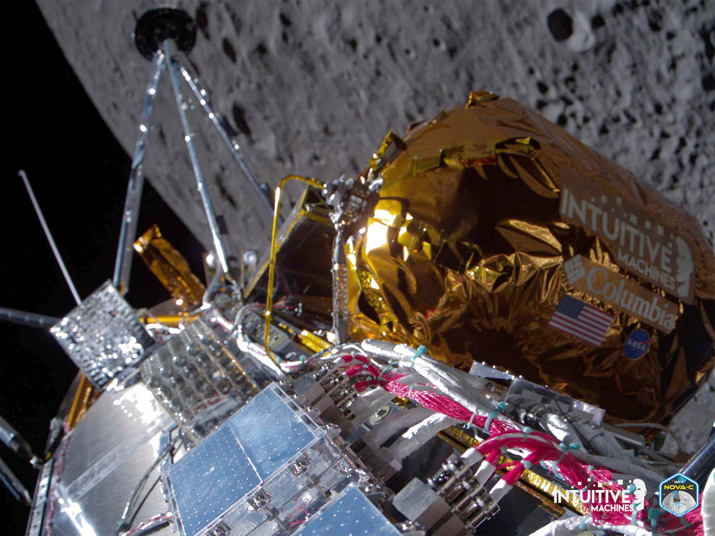 This image provided by Intuitive Machines shows its Odysseus lunar lander over the near side of the moon following lunar orbit insertion on Wednesday, Feb. 21, 2024.